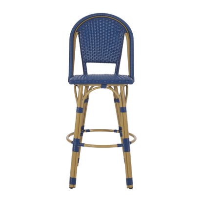 29.5" Outdoor PE Rattan and Aluminum French Barstools, Set of 2, Navy Blue and Bamboo Finish