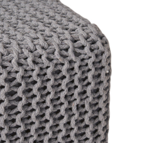 Light Gray Hand-Knitted Cotton Ottoman Foot Stool, Plush Cozy Compact Accent Seat
