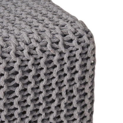 Light Gray Hand-Knitted Cotton Ottoman Foot Stool, Plush Cozy Compact Accent Seat