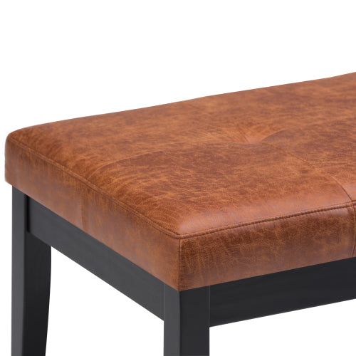 Distressed Saddle Brown Vegan Leather Tufted Ottoman Bench, Rectangular Entryway Footrest Seat with Wood Legs