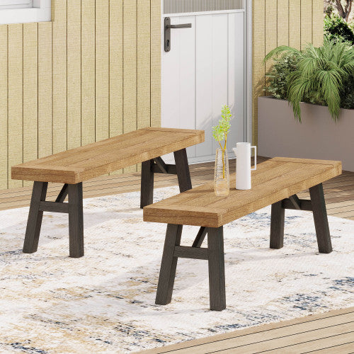 Outdoor Bench with Slat Panel Design and Acacia Wood Frame(Set of 2), Natural and Grey