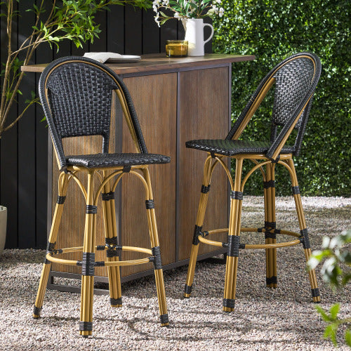 29.5" Outdoor PE Rattan and Aluminum French Barstools, Set of 2, Black and Bamboo Finish