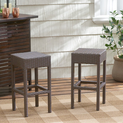 Outdoor PE Rattan Backless Barstools, Set of 2, Dark Brown