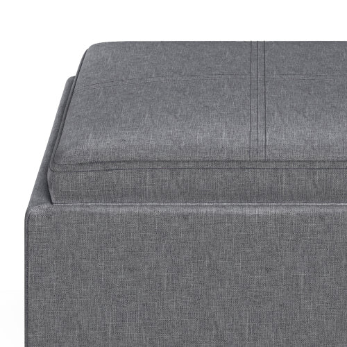 17 Inch Storage Ottoman with Tray Grey Linen Fabric Cube Footrest