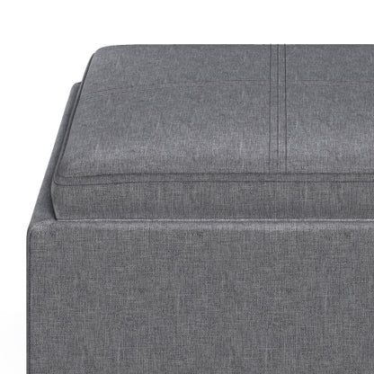 17 Inch Storage Ottoman with Tray Grey Linen Fabric Cube Footrest