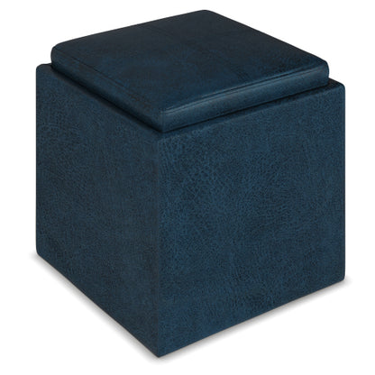 17 Inch Storage Ottoman with Tray Dark Blue Vegan Leather Cube