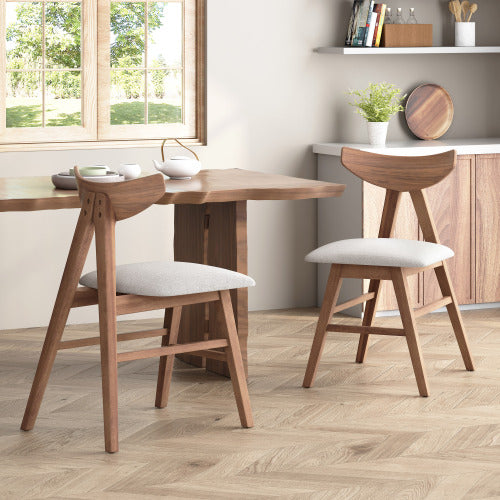 Set of 2 Mid-Century Dining Chairs, Rubberwood Frame Chairs with Curved Back & Splayed Legs